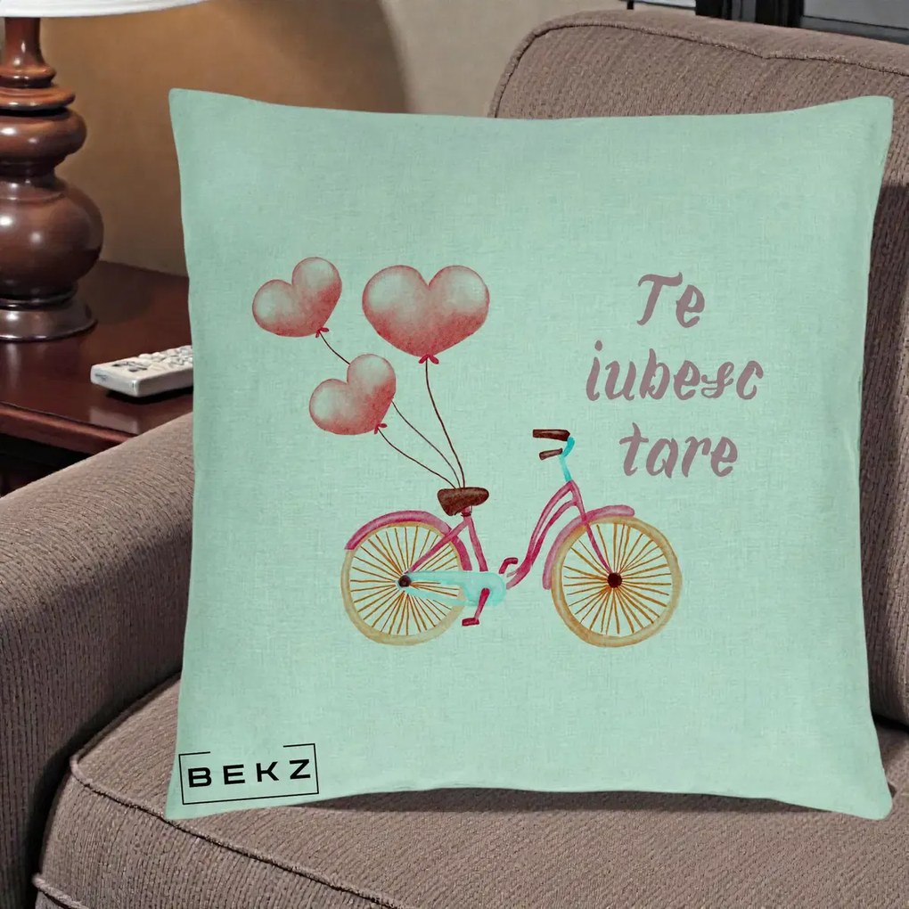Perna Decorativa Te Iubesc Tare cu Bicicleta Roz si Baloane Inima, 40x40 cm, Verde Menta, Husa Detasabila, Perna Inclusa, BEKZ®