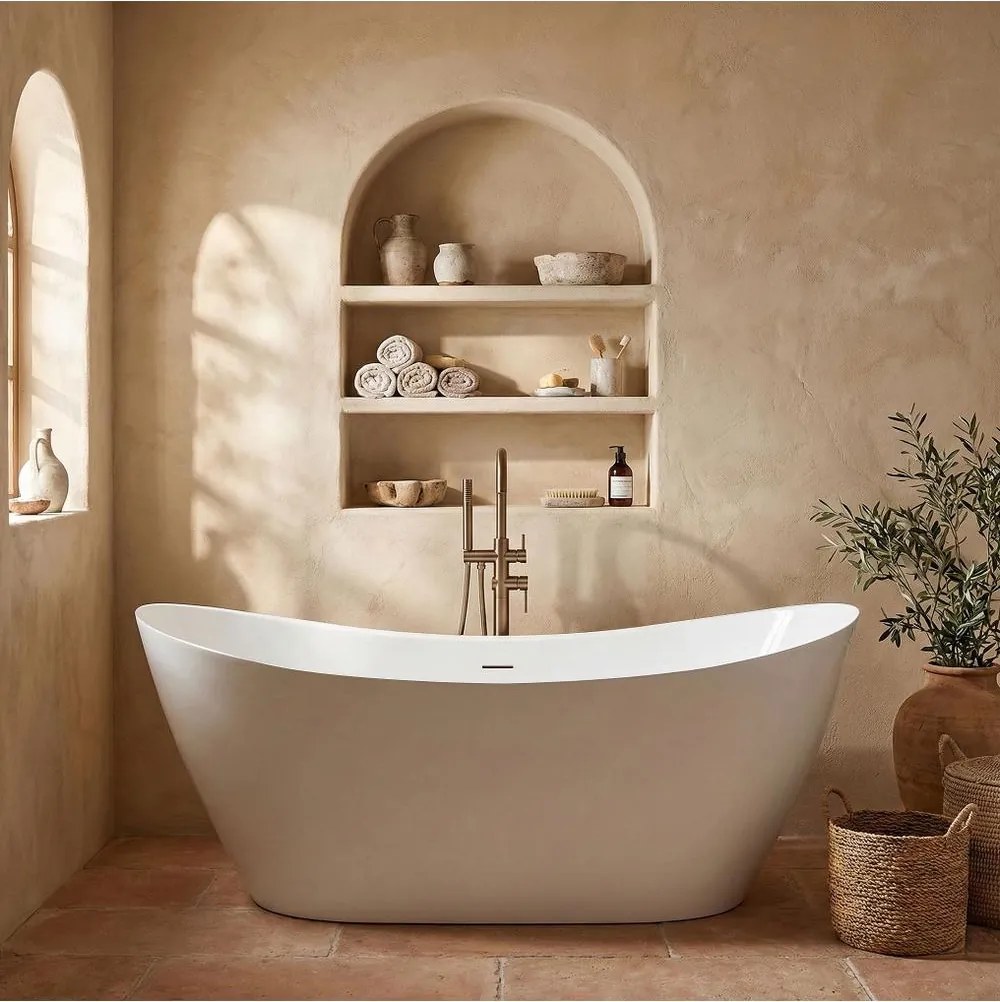 Cada freestanding cu ventil auriu periat Rea Ferrano Slim 160 cm alb