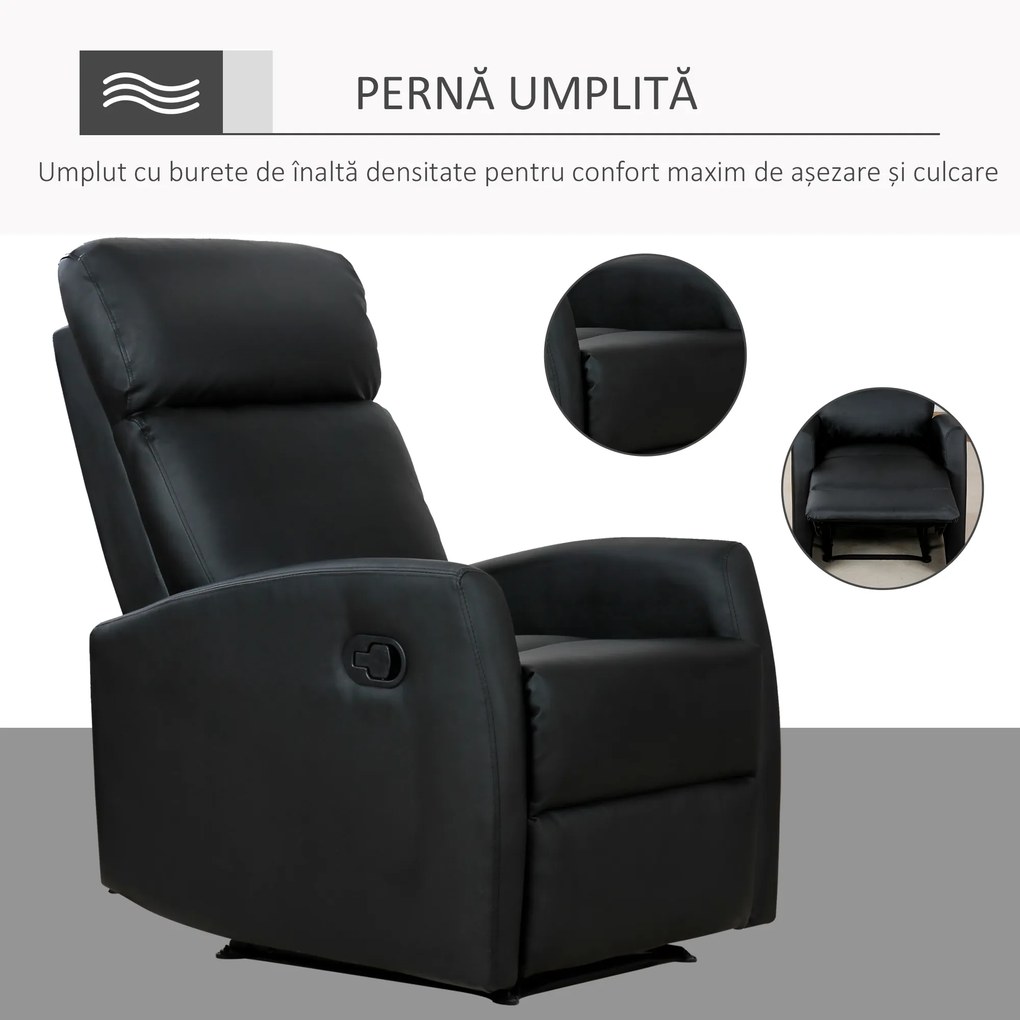 HOMCOM Fotoliu Relax Rabatabil Ergonomic Piele Sintetica 65 × 92 × 100cm, Negru | Aosom Romania