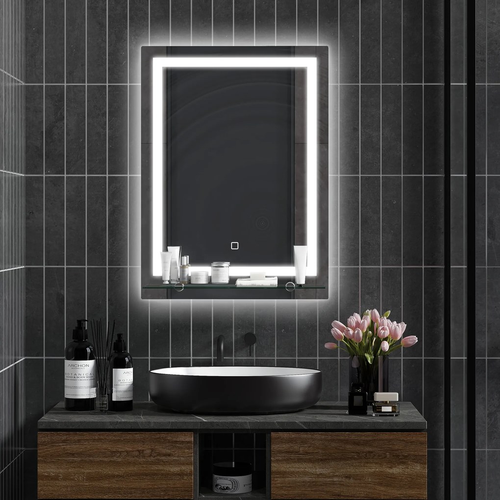 Kleankin Oglindă de Baie cu Lumini LED în 3 Culori Reglabile și Raft din Sticlă, 50x12x70 cm, Argintiu | Aosom Romania
