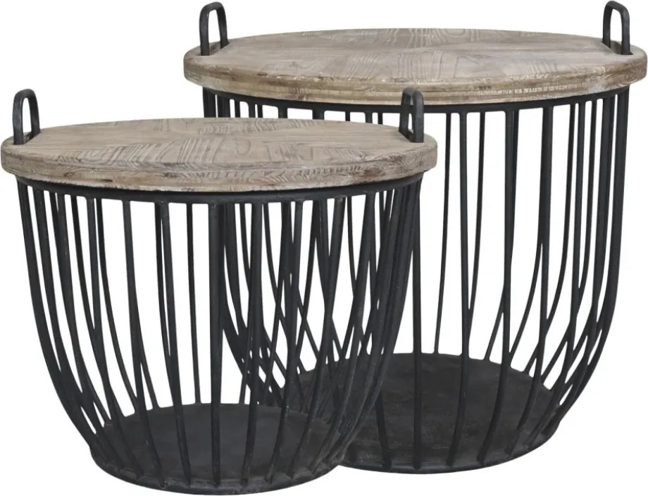 Set 2 măsuțe de cafea rotunde din lemn de chiparos și metal, natur și negru, cu mânere și structură tip coș, finisaj mat, 48 x 57 cm, „Cassis”
