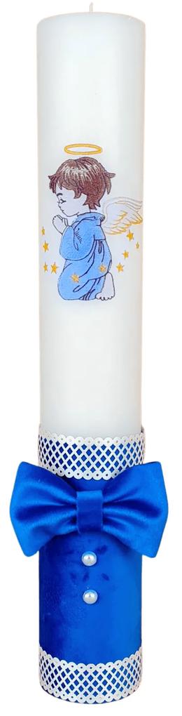 Lumanare botez decorata Ingeras albastru 7 cm, 35 cm
