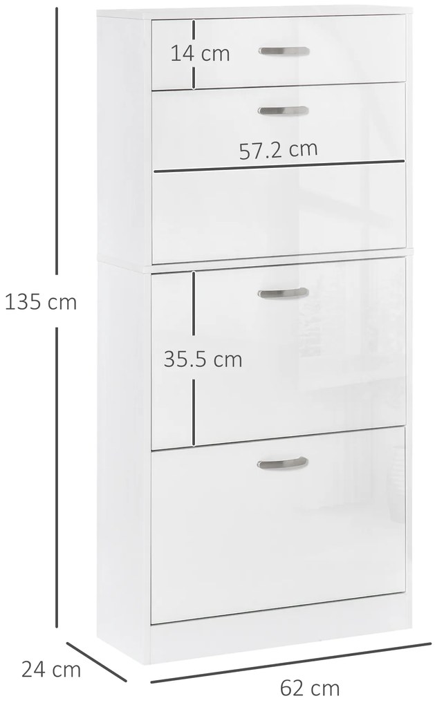 HOMCOM Dulap pantofi cu 3 uși rabatabile, sertar glisant, 62x24x135 cm, mânere aluminiu, placă de particule albă | Aosom Romania