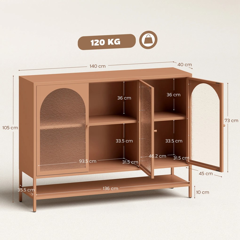 HOMCOM Bufet pentru living, mobilier de depozitare cu 3 uși vitrate arcuite și raft deschis, 140 x 40 x 105 cm, ruginiu | Aosom Romania