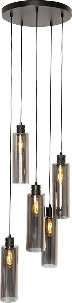 Lampă suspendată inteligentă neagră cu sticlă fumurie, incl. 5 Wifi A60 - Stavelot