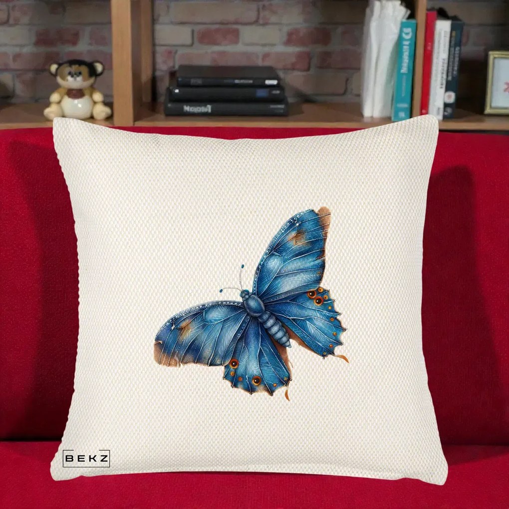Perna Decorativa Fluture Albastru Satin cu Pete Aurii, 40x40 cm, Crem Reliefat, Husa Detasabila, Perna Inclusa, BEKZ®