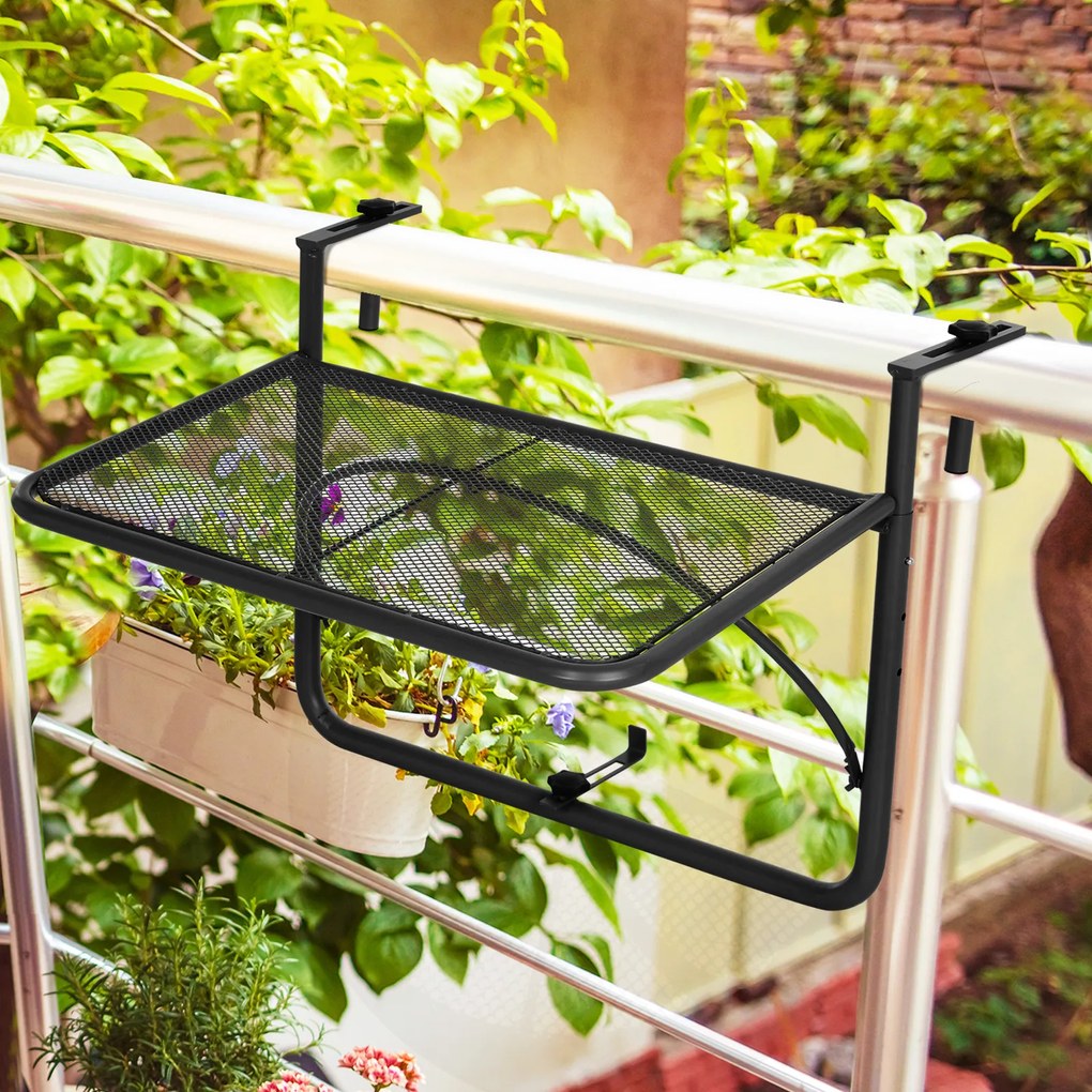 Outsunny Măsuță Suspendabilă pentru Balcon cu Brațe și Raft Reglabile, Design Compact, 60x56.5x45cm, Negru | Aosom Romania