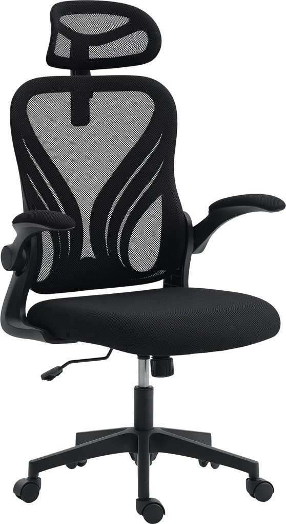 HOMCOM Scaun de Birou Ergonomic cu Brațe Rabatabile și Spătar Pliabil, Scaun de Birou cu Funcție Balansoar, Tetieră Reglabilă, Șezut Rotativ, Negru | Aosom Romania