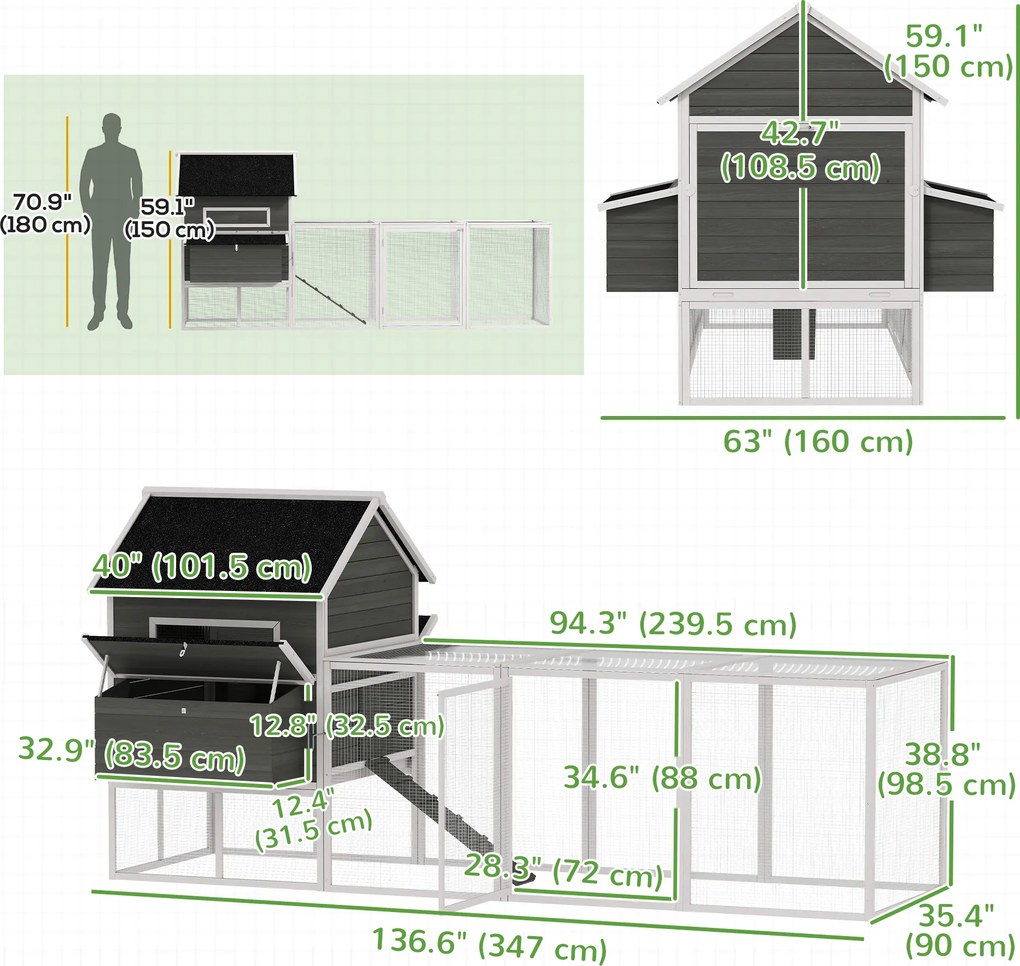 PawHut Coteț pentru găini din lemn cu volieră cuib acoperiș din șindrilă tavă glisantă pentru 8-10 găini 347x160x150 cm Gri închis | Aosom Romania