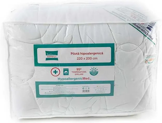 PILOTA HIPOALERGENICA, MEDICINALA, 400 G/MP, 200X220 CM, ANOTIMP IARNA, MATERIAL HUSA MICROFIBRA, UMPLUTURA POLIESTER, ALB