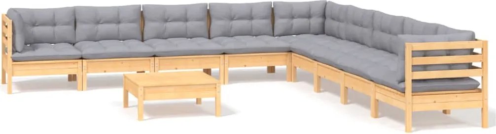 vidaXL Set mobilier grădină cu perne, 10 piese, gri, lemn masiv pin