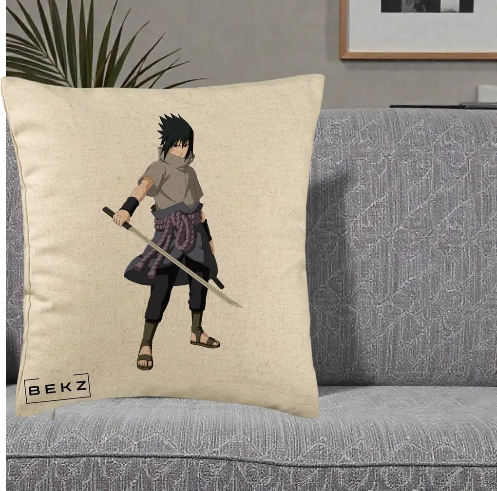 Perna Personalizata Naruto Sasuke Uchiha cu Sabia, 40x40 cm, Bej, Husa Detasabila, Perna Inclusa, BEKZ®