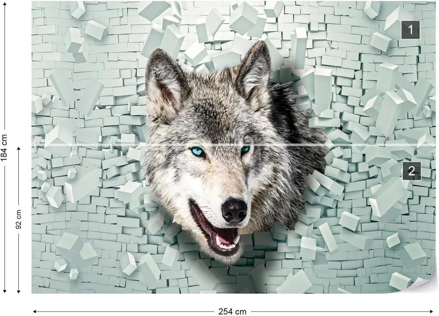 Fototapet GLIX - Wolf 3D Bursting Through Brick Wall + adeziv GRATUIT Tapet nețesute - 254x184 cm