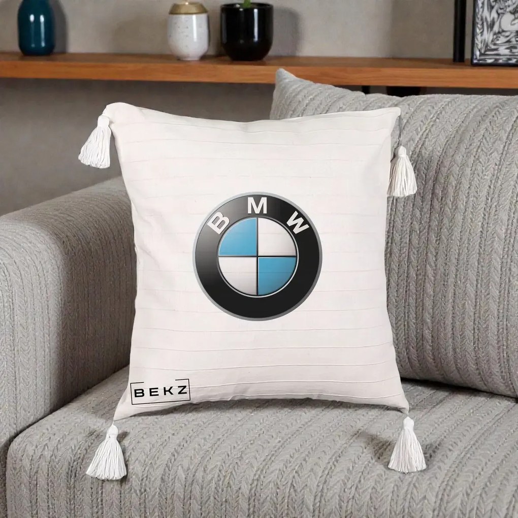 Perna Personalizata cu emblema BMW, 40x40 cm, Bej cu Franjuri, Husa Detasabila, Perna Inclusa, BEKZ®