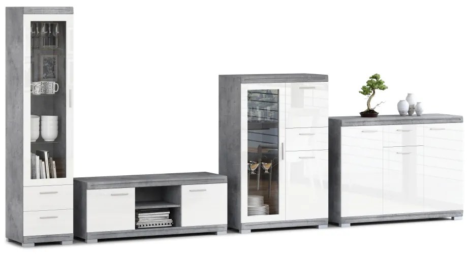 Mazzoni Mobilier perete SIMPLE Beton Millennium/Alb Luciu - COMODĂ TV VITRINĂ DOUĂ COMODE PENTRU LIVING