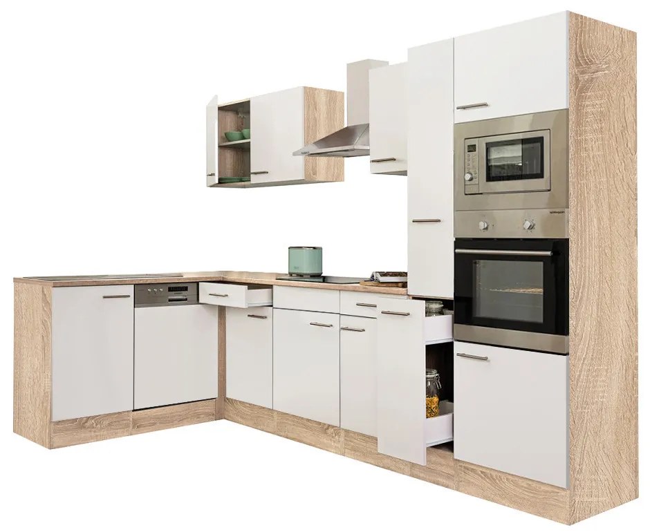 Mobilă de bucătărie de colț Yorki 310, corp din stejar Sonoma, cu față alb satinat