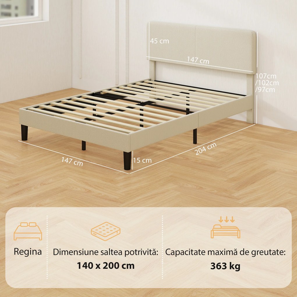 HOMCOM Cadru de Pat Matrimonial 140x200 cm Cap de Pat Reglabil pe Înălțime Îmbrăcat în Catifea, Pat Matrimonial cu Șipci de Lemn, pentru Dormitor, Montaj Ușor, Gri Deschis | Aosom Romania
