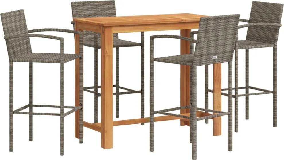 vidaXL Set bar de grădină, 5 piese, gri, lemn masiv acacia/ poliratan
