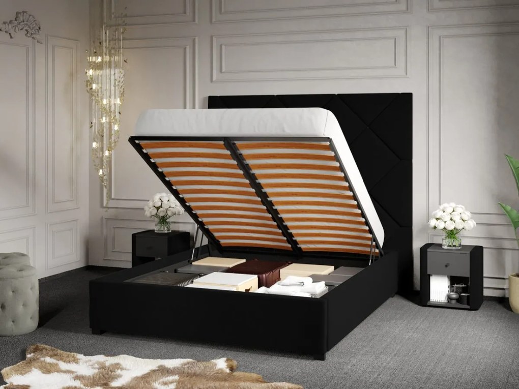 Pat Tapitat cu Panou 191x170 C2 Dubai pentru saltea de 190 rabatabil cu lada Negru - Velluto 20 140x190