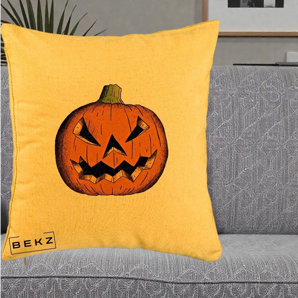 Perna Decorativa Halloween Dovleac Portocaliu Clasic, 40x40 cm, Galben, Husa Detasabila, Perna Inclusa, BEKZ®