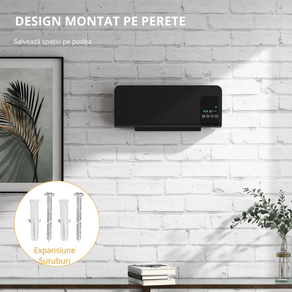 HOMCOM Aeroterma de Perete Oscilatoare pentru Casa si Birou cu Temporizator 12h si 2 Modalitati de Incalzire, 54.5x12x21.5 cm, Negru