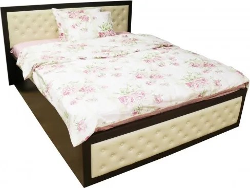 Pat Torino 160x200 cm cu somiera metalica rabatabila si lada, Wenge / Piele ecologica bej