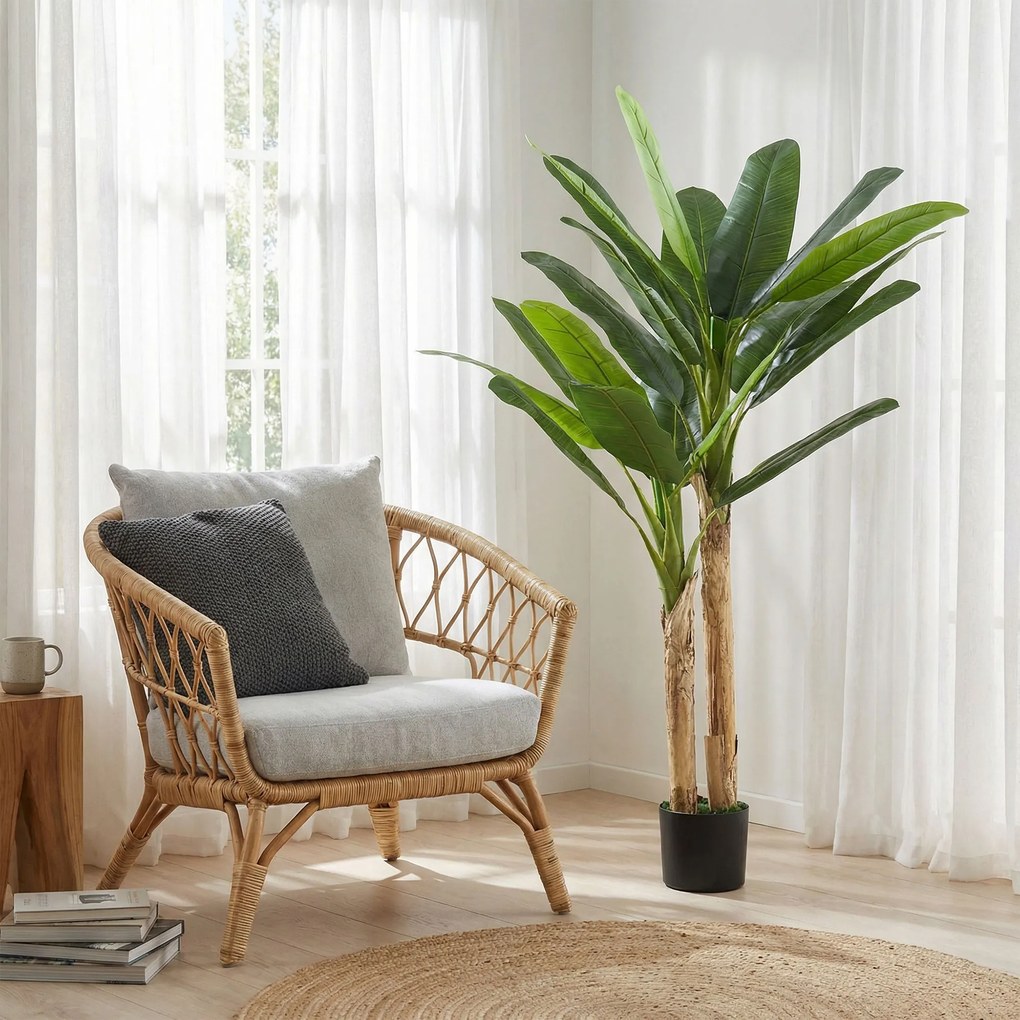 HOMCOM Arbore de banan artificial 150 cm Plantă artificială decorativă cu ghiveci și  2 trunchiuri pentru Casă Birou Living Verde | Aosom Romania