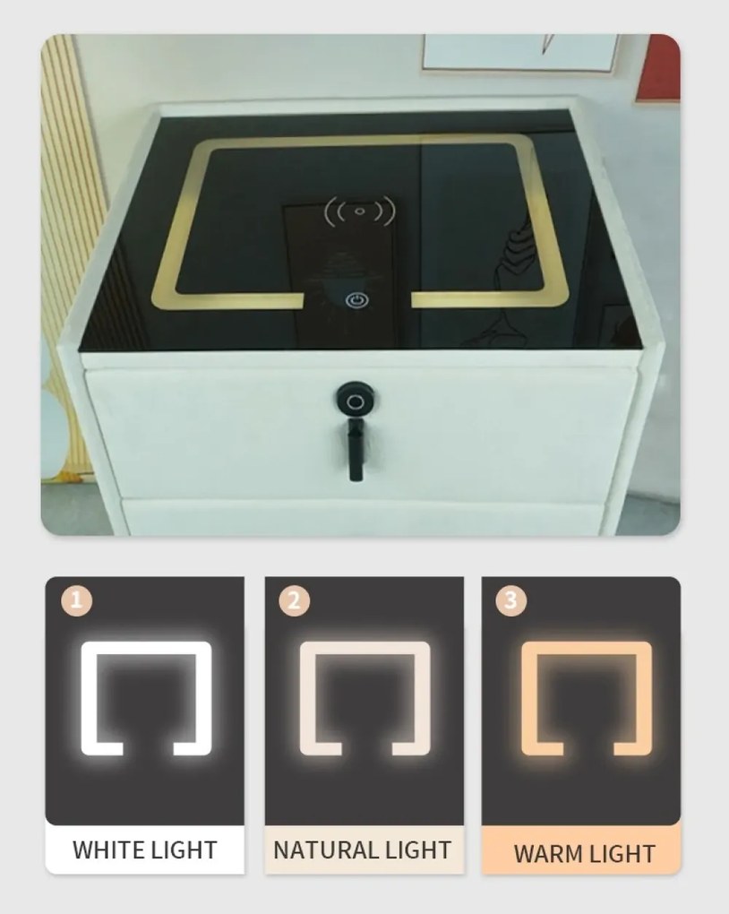Noptiera inteligenta multifunctionala, iluminare LED tactil, blocare amprentă, incarcare wireless si USB, difuzor Bluetooth, catifea, Bej