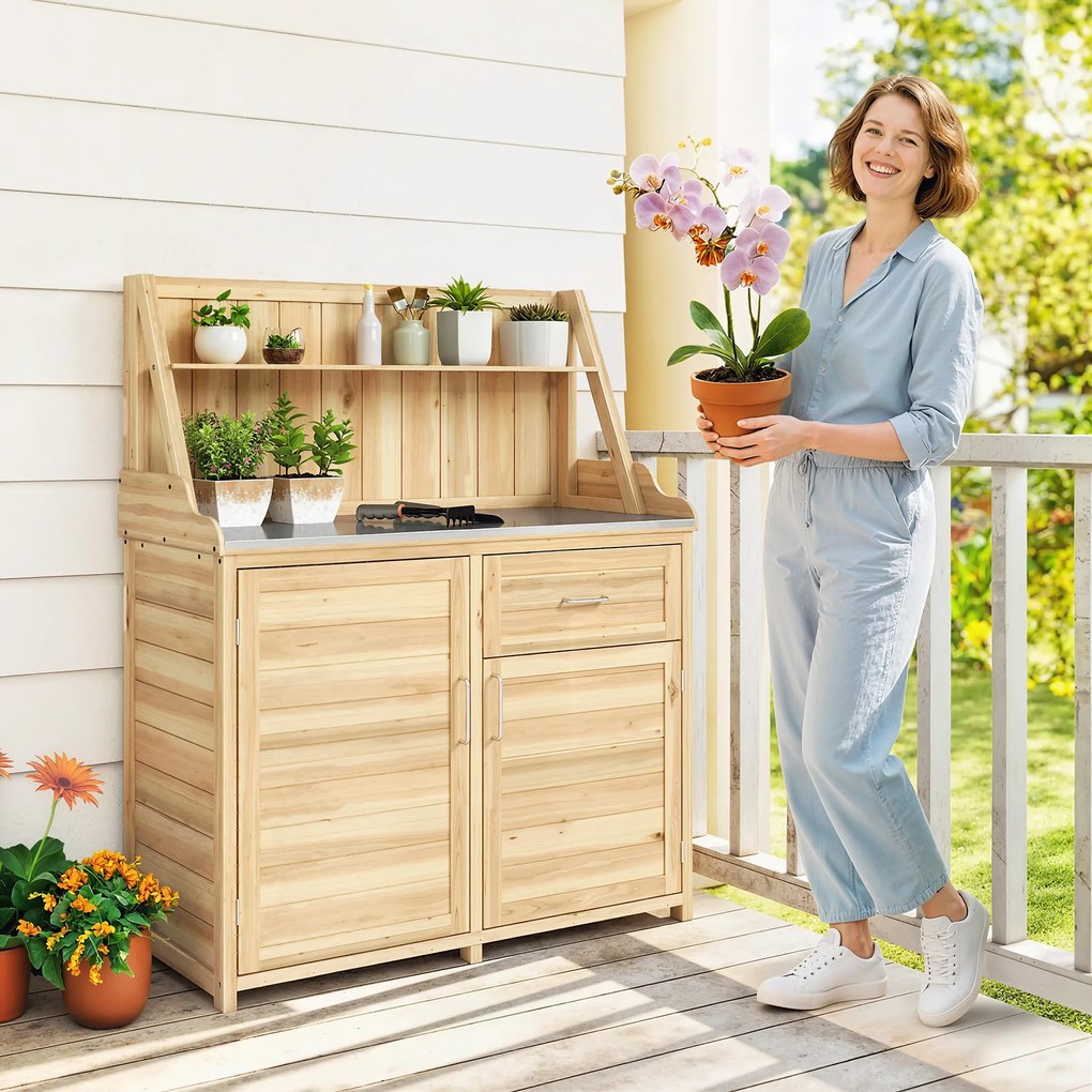 Outsunny Dulap de Grădină din Lemn cu Blat din Metal Galvanizat Sertar și Etajeră 100x45x129,5cm Natural | Aosom Romania