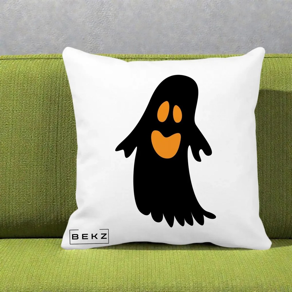 Perna Decorativa Halloween Fantoma Neagra cu Ochi Portocalii, 40x40 cm, Alba Mata, Husa Detasabila, Perna Inclusa, BEKZ®