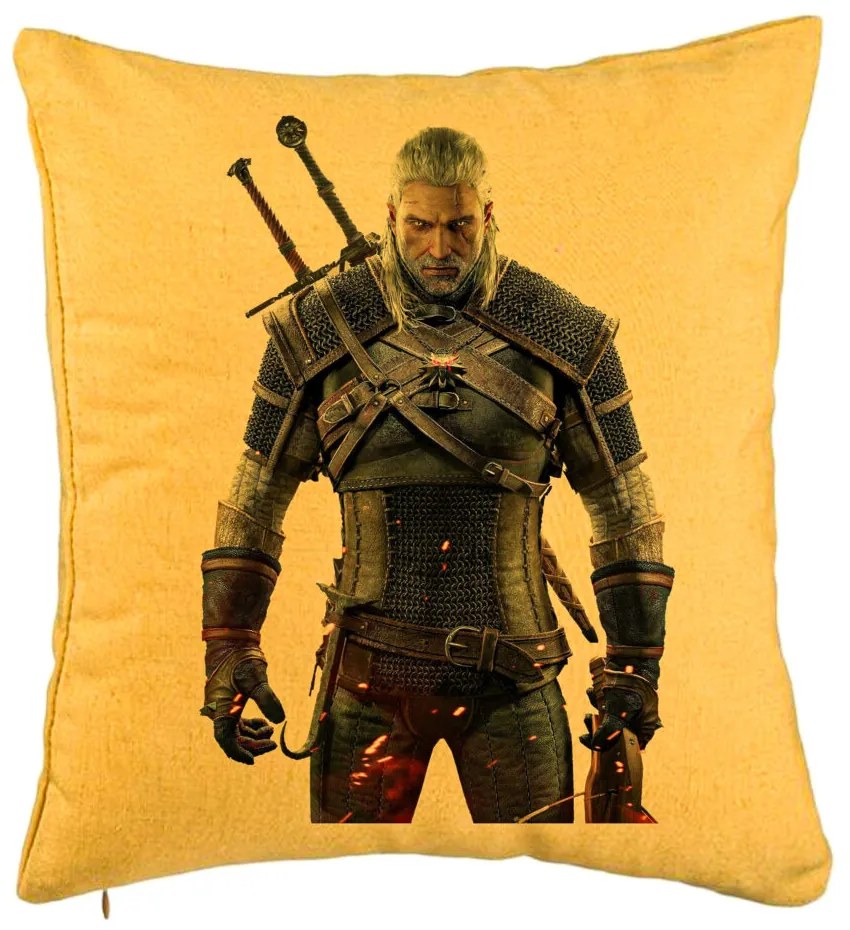 Perna Decorativa cu The Witcher 2, 40x40 cm, Galben, Husa Detasabila, Burduf