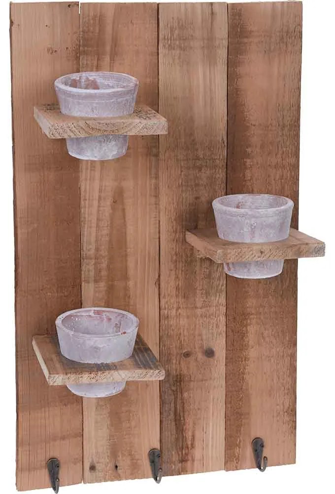 DECORATIUNE PERETE 30X50 CM, CU 3 GHIVECE TERACOTA SI 3 AGATATORI, LEMN, NATUR