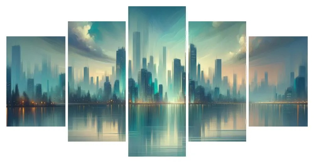 Tablou oraș futurist pe malul râului