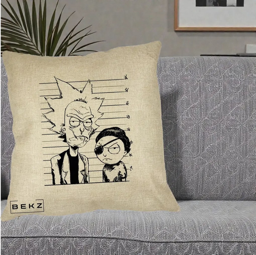Perna Personalizata Rick si Morty Dosar, 40x40 cm, Crem, Husa Detasabila, Perna Inclusa, BEKZ®
