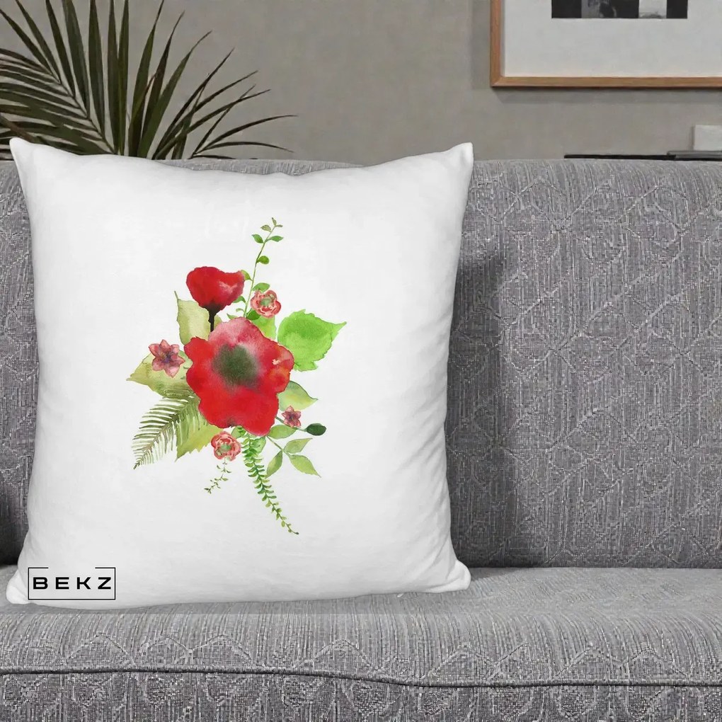 Perna Decorativa Buchet Rosu Acuarela, 40x40 cm, Alb Pufos, Husa Detasabila, Perna Inclusa, BEKZ®