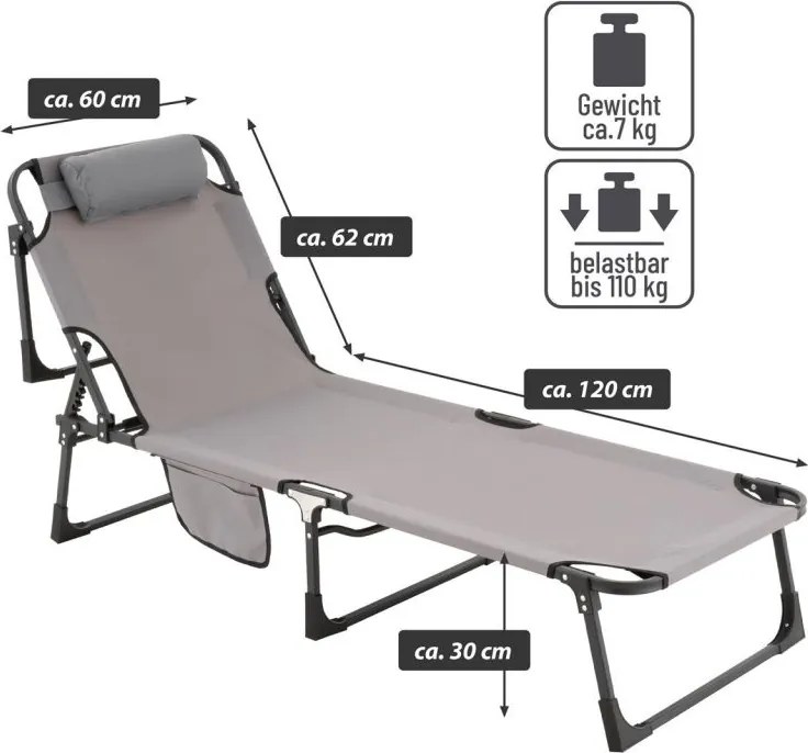 Șezlong pliabil, gri, poliester, 182 x 60 x 30 cm