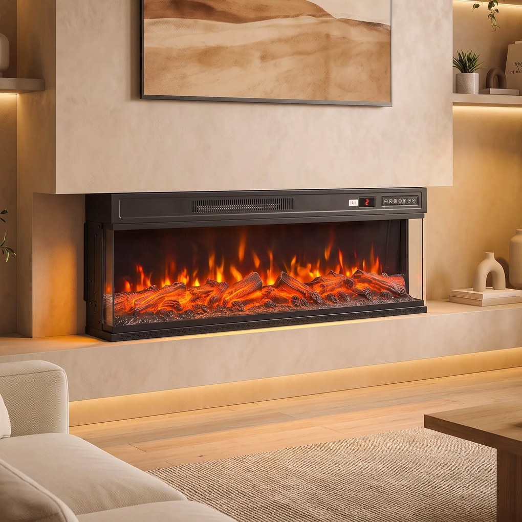 HOMCOM Șemineu Electric de Podea/Încastrabil, 3 Laturi, cu Telecomandă, 750/1500W, Efect Flacără 3D 12 Culori, 5 Niveluri de Luminozitate | Aosom Romania