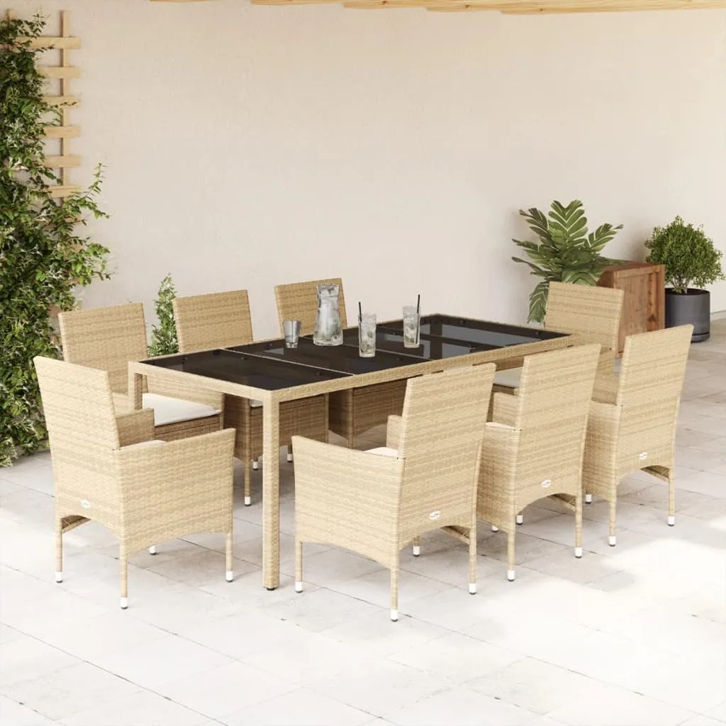 vidaXL Set mobilier de grădină cu perne 9 piese bej poliratan &amp; sticlă