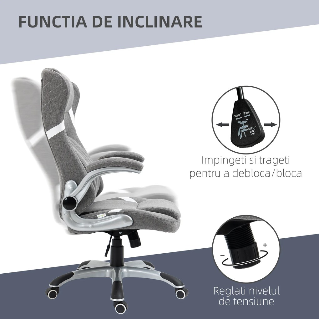 Scaun de Birou Vinsetto Ergonomic din Țesătură Efect In, cu Spumă de Cauciuc și Cadru din Oțel, Înălțime Reglabilă, 68x76x109-117cm, Gri | Aosom România