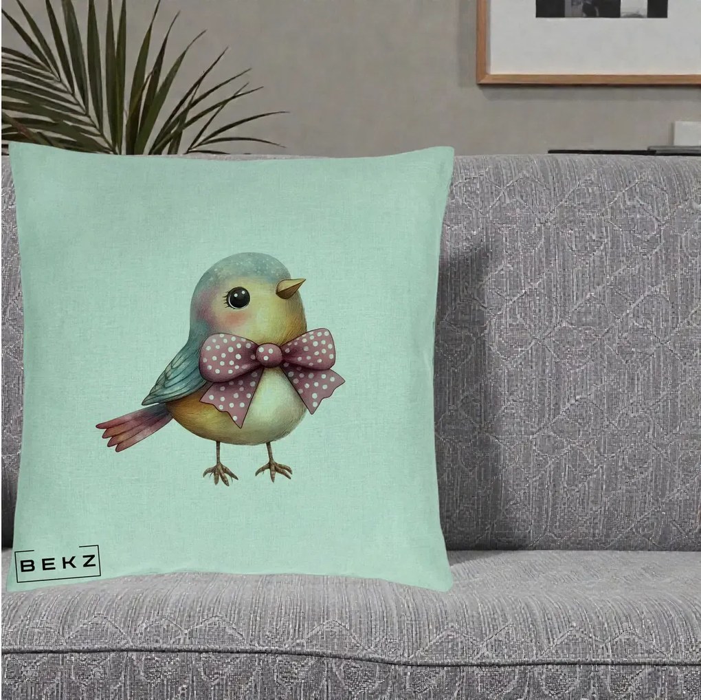 Perna Decorativa Pasare Bleu cu Fundita Roz, 40x40 cm, Verde Menta, Husa Detasabila, Perna Inclusa, BEKZ®