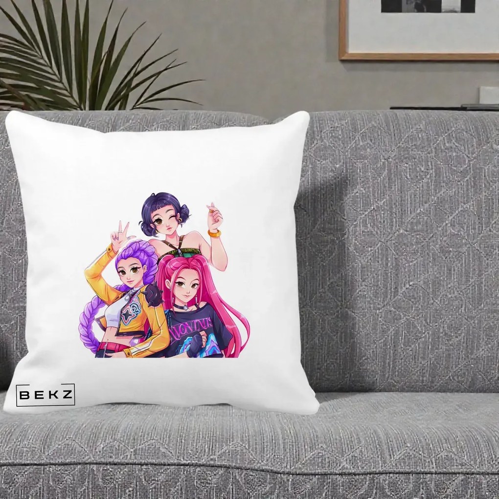 Perna Personalizata K-pop HUNTRX Trio Animat Fete Foto, 40x40 cm, Alba Mata, Husa Detasabila, Perna Inclusa, BEKZ®