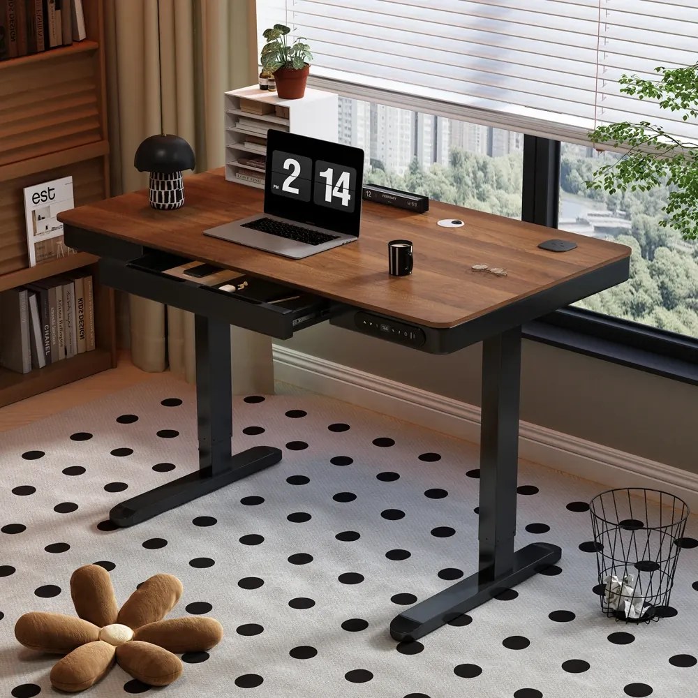 Birou Electric Reglabil pe Înălțime cu Sertar Ascuns, Încărcare Wireless & USB, Senzor de siguranță, 160x60, Nuc/Negru