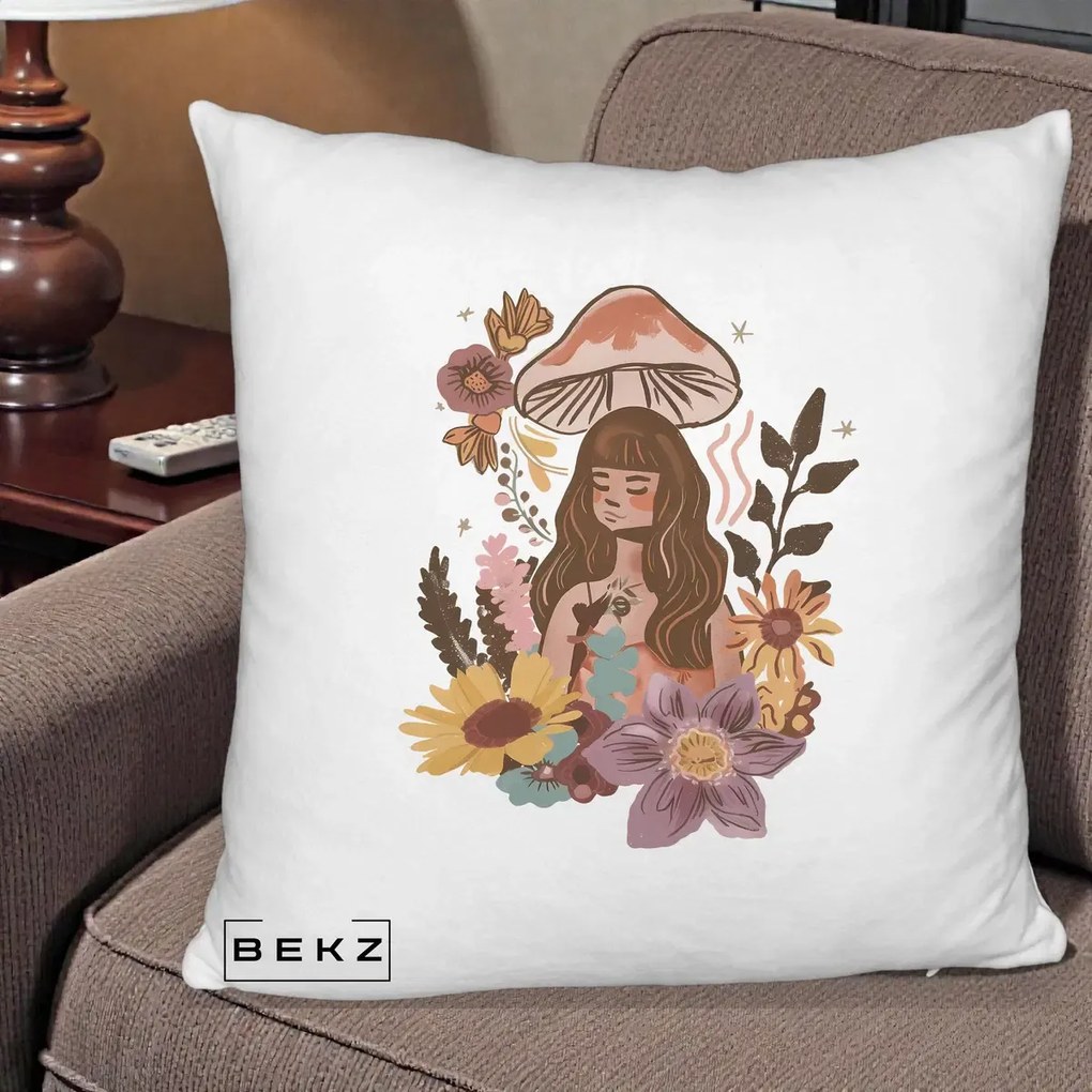 Perna Decorativa Fata Ciuperca Boho Florala, 40x40 cm, Alb Pufos, Husa Detasabila, Perna Inclusa, BEKZ®