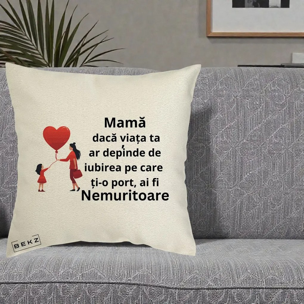 Cadou pentru Mama - Perna Personalizata Mama Nemuritoare cu Bebelus Kawaii, 40x40 cm, Ecru, Husa Detasabila, Perna Inclusa, BEKZ®
