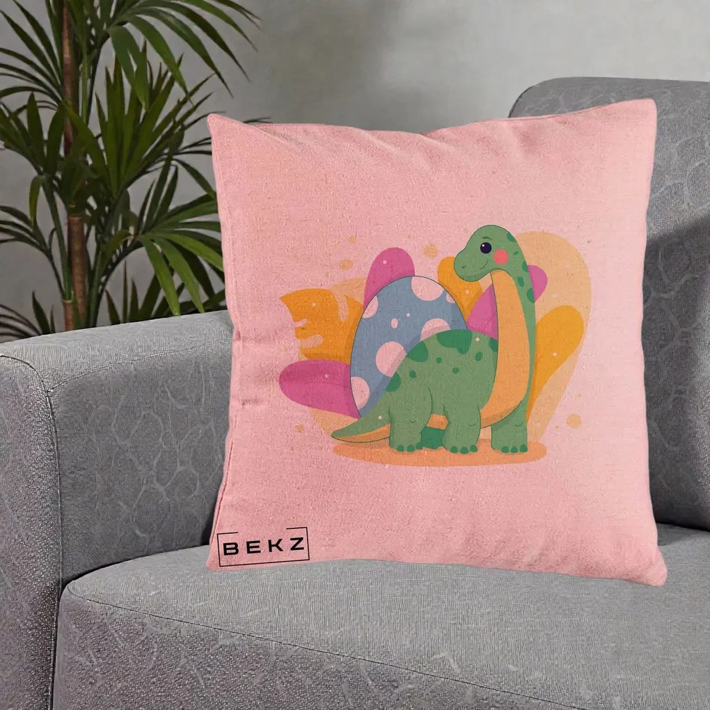 Perna Personalizata Dinozaur cu Ou Pastelat, 40x40 cm, Roz, Husa Detasabila, Perna Inclusa, BEKZ®