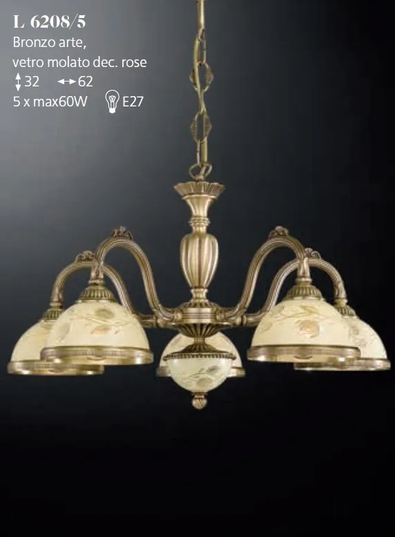 Candelabru cu 5 brate din alama cu sticla decorata design italian 6208