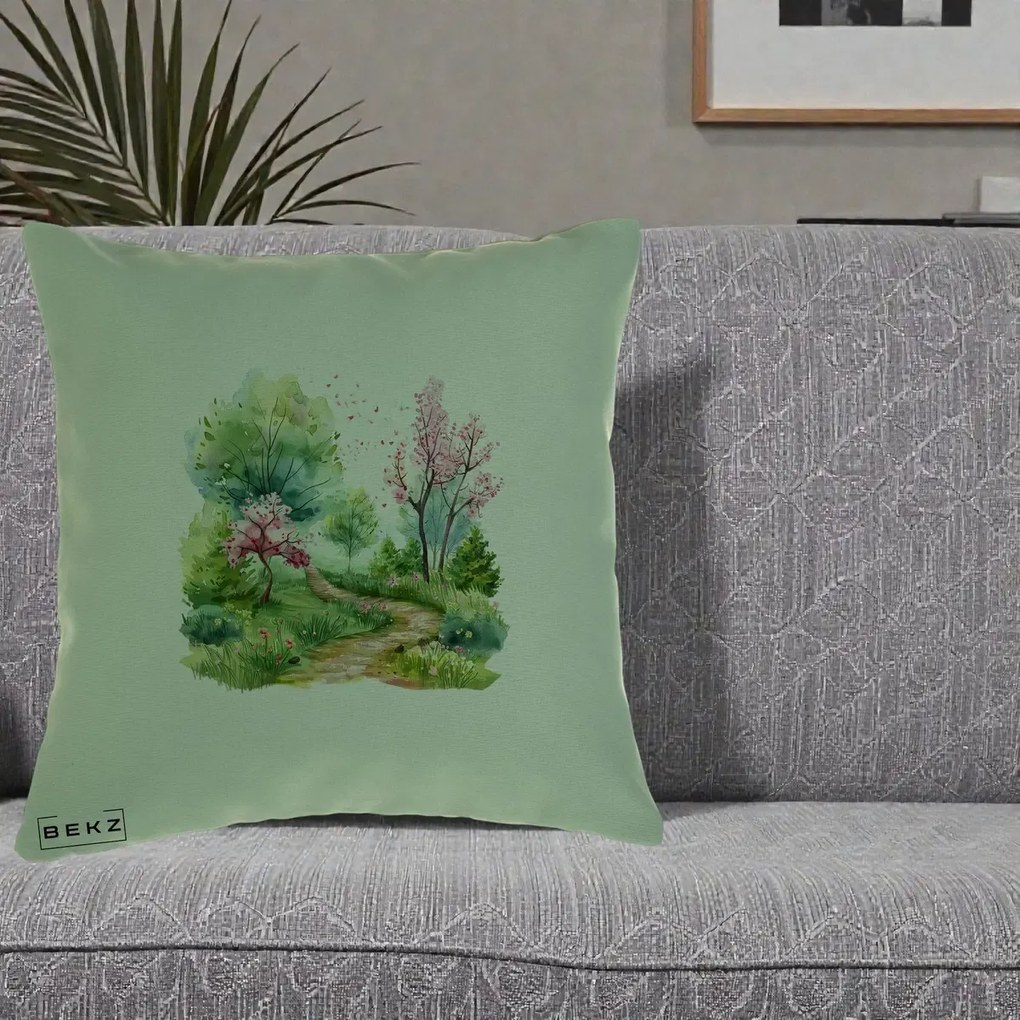 Perna Decorativa Gradina Primavara Acuarela, 40x40 cm, Verde, Husa Detasabila, Perna Inclusa, BEKZ®