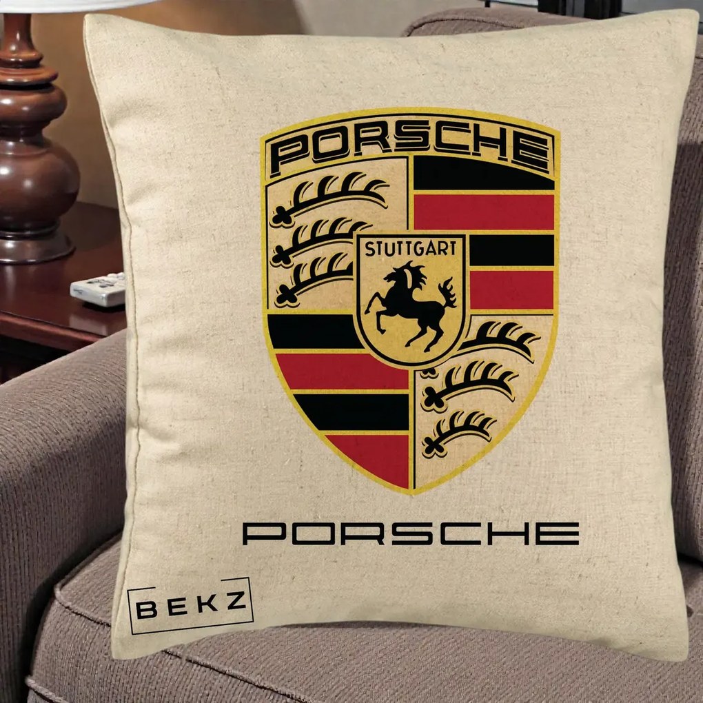 Perna Personalizata Porsche Stuttgart, 40x40 cm, Bej, Husa Detasabila, Perna Inclusa, BEKZ®
