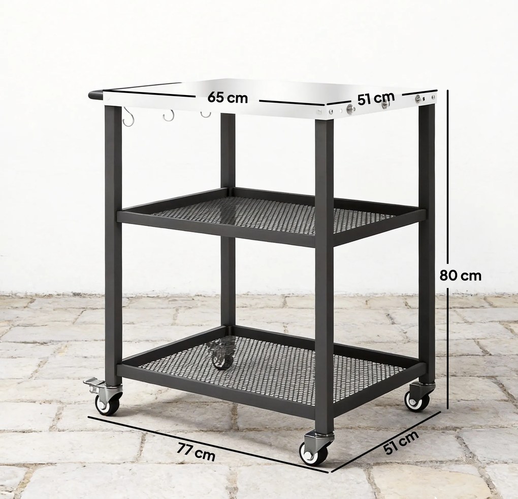 Outsunny Cărucior pentru grătar cu 3 niveluri mobil cu roți și frână Blat din oțel inoxidabil Raft reglabil Cârlige Negru | Aosom Romania