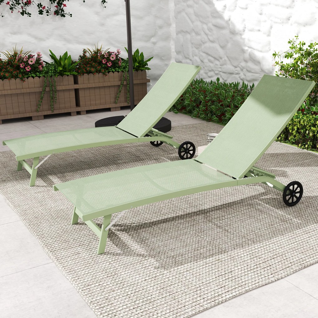 Outsunny Set de 2 șezlonguri din aluminiu și textilenă cu roți spătar rabatabil sarcină max. 150 Kg verde închis | Aosom Romania
